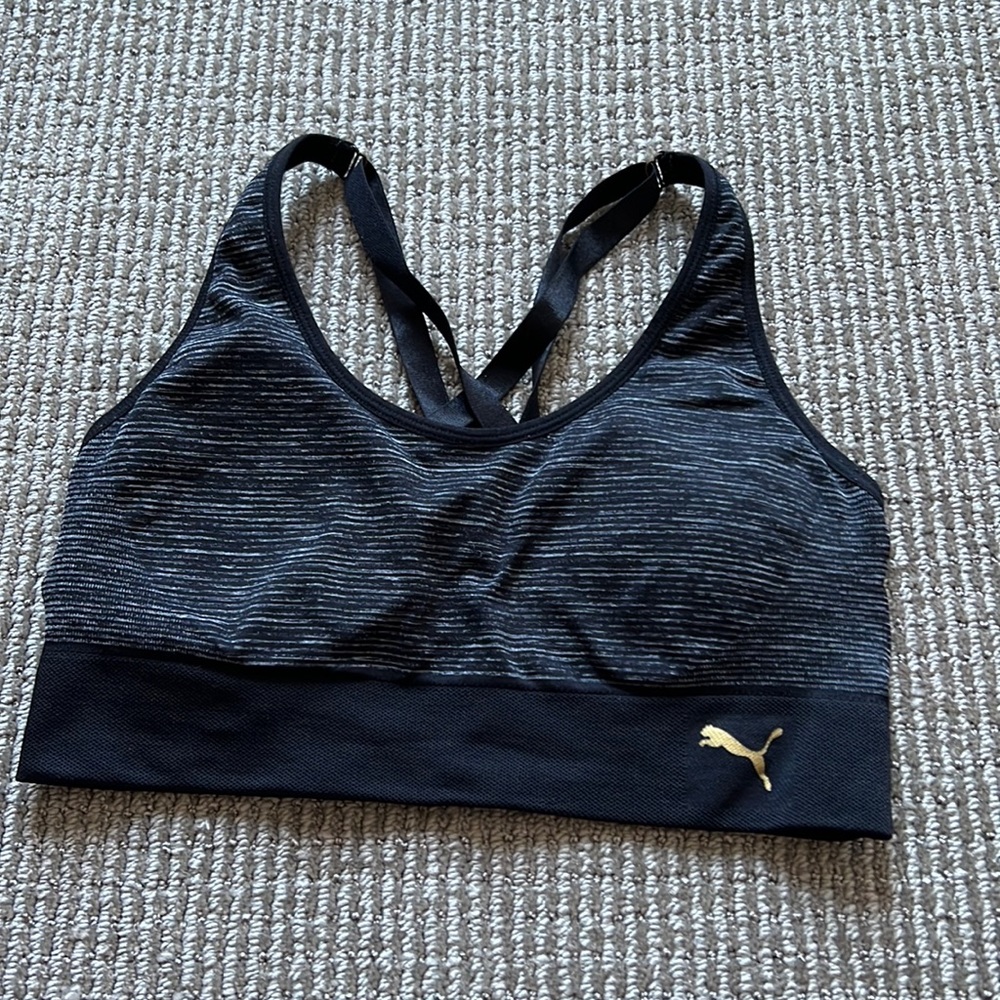 Puma black and white stripe sports bra with strappy back size M